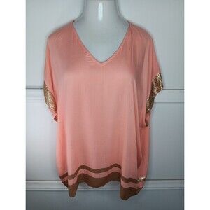 Mudpie Coral Sequin Tunic One Size V-Neck Beach Swim Coverup Lightweight EUC